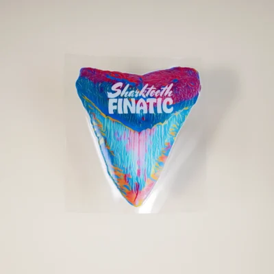 UV DTF sticker in a rainbow megalodon design