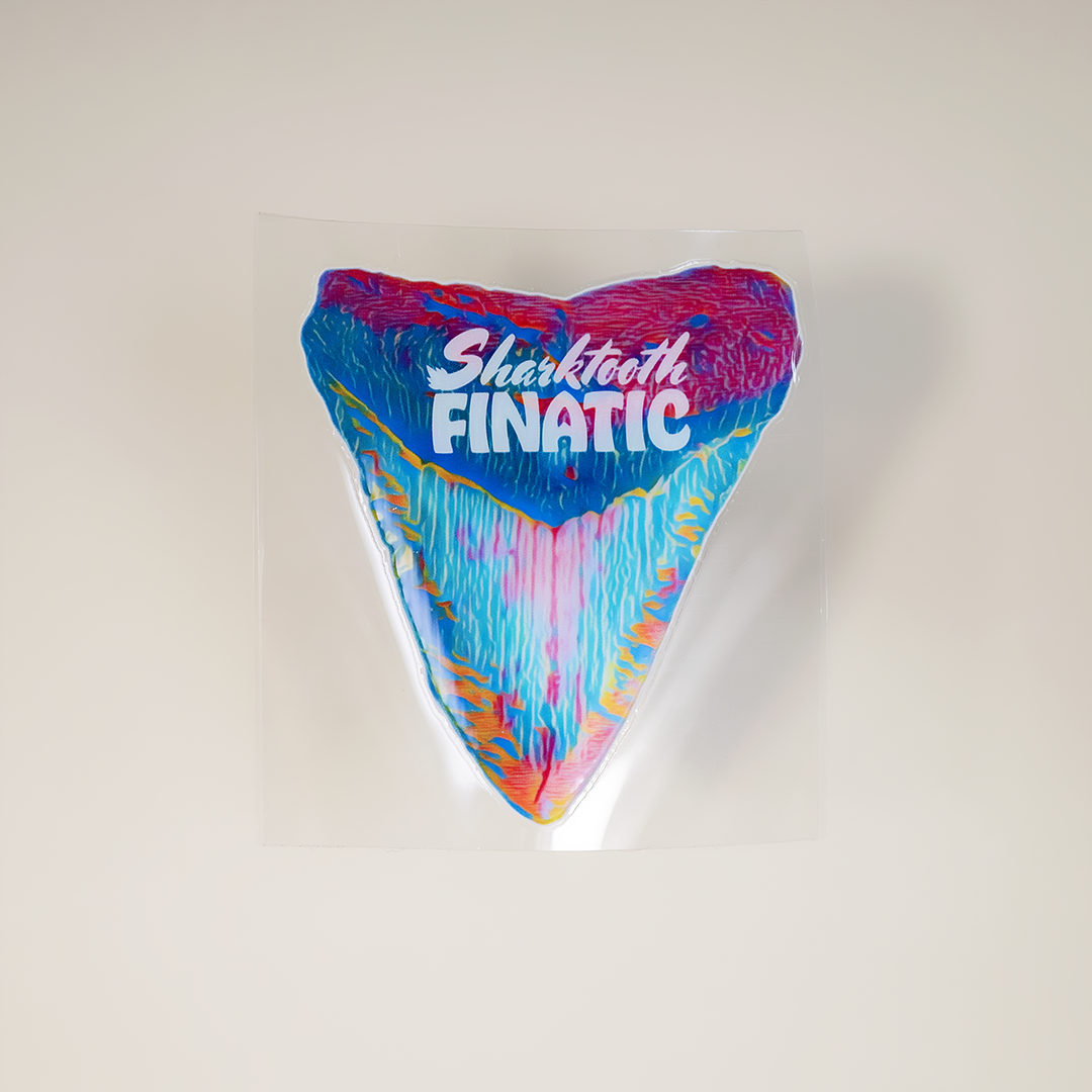 UV DTF sticker in a rainbow megalodon design