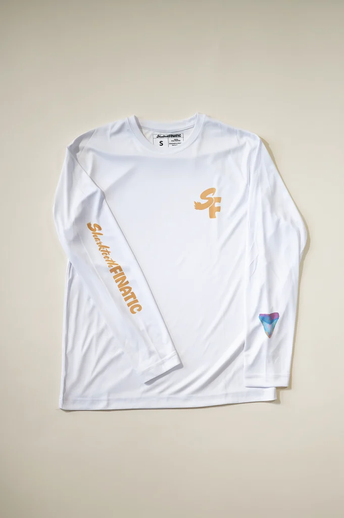 White performance shirt with rainbow megalodon