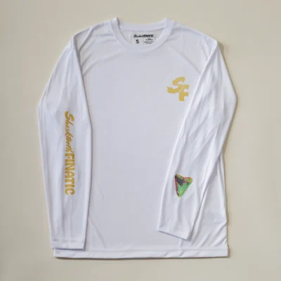 White Long-Sleeve Performance Shirt with Rasta Megalodon