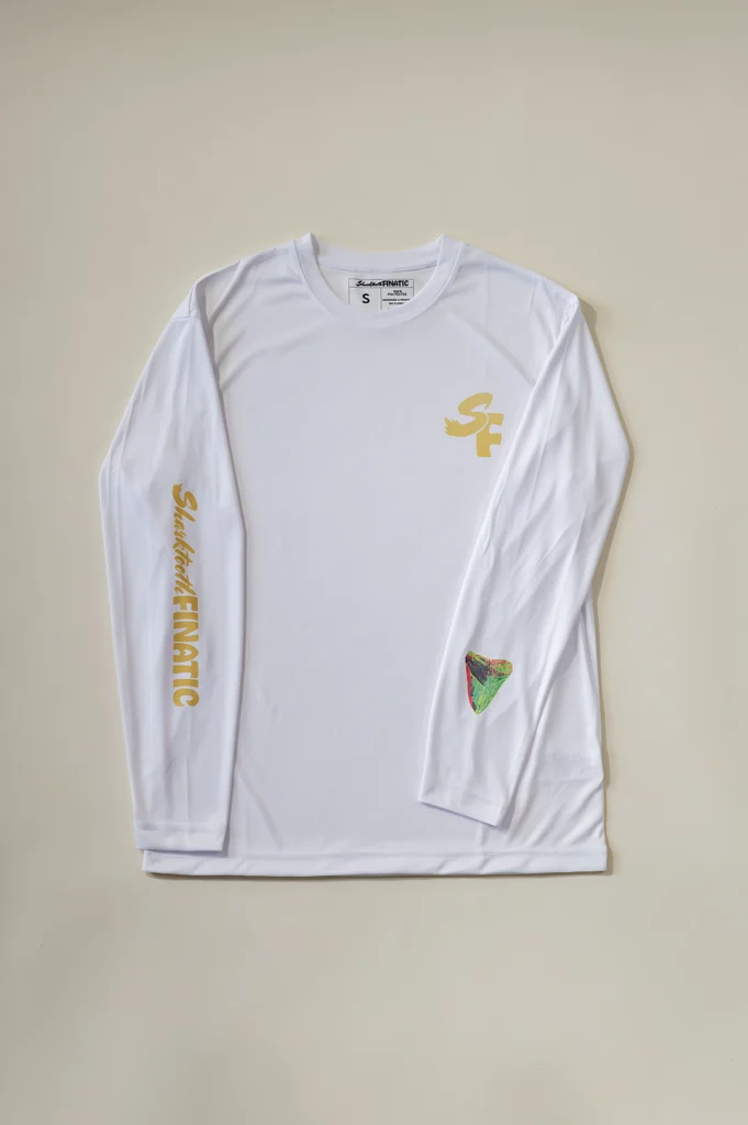 White Long-Sleeve Performance Shirt with Rasta Megalodon