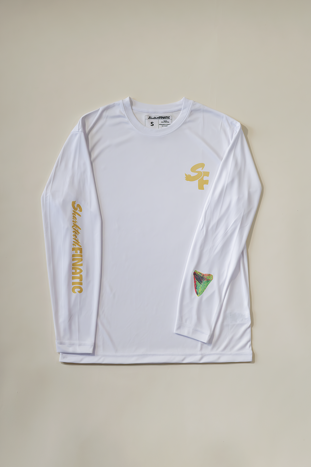 White Long-Sleeve Performance Shirt with Rasta Megalodon