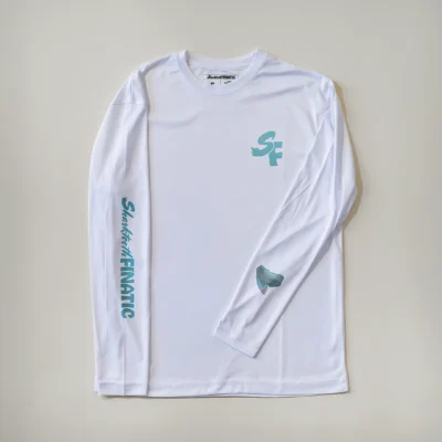 white long-sleeve performance shirt with tiger shark tooth design